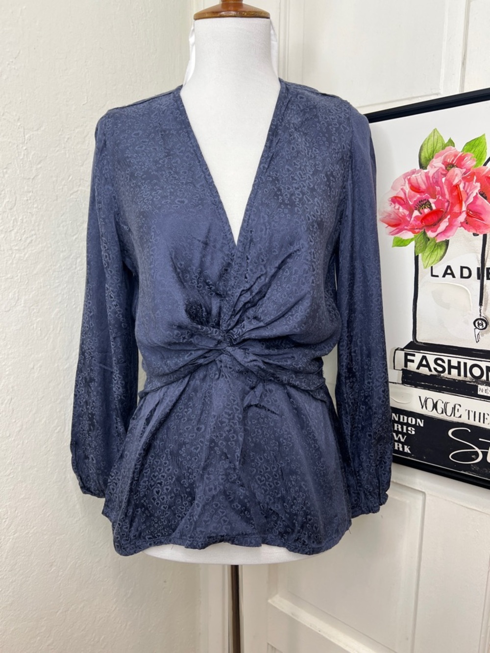 Amour Vert Clemence Cupro Blue Jacquard Blouse XS
